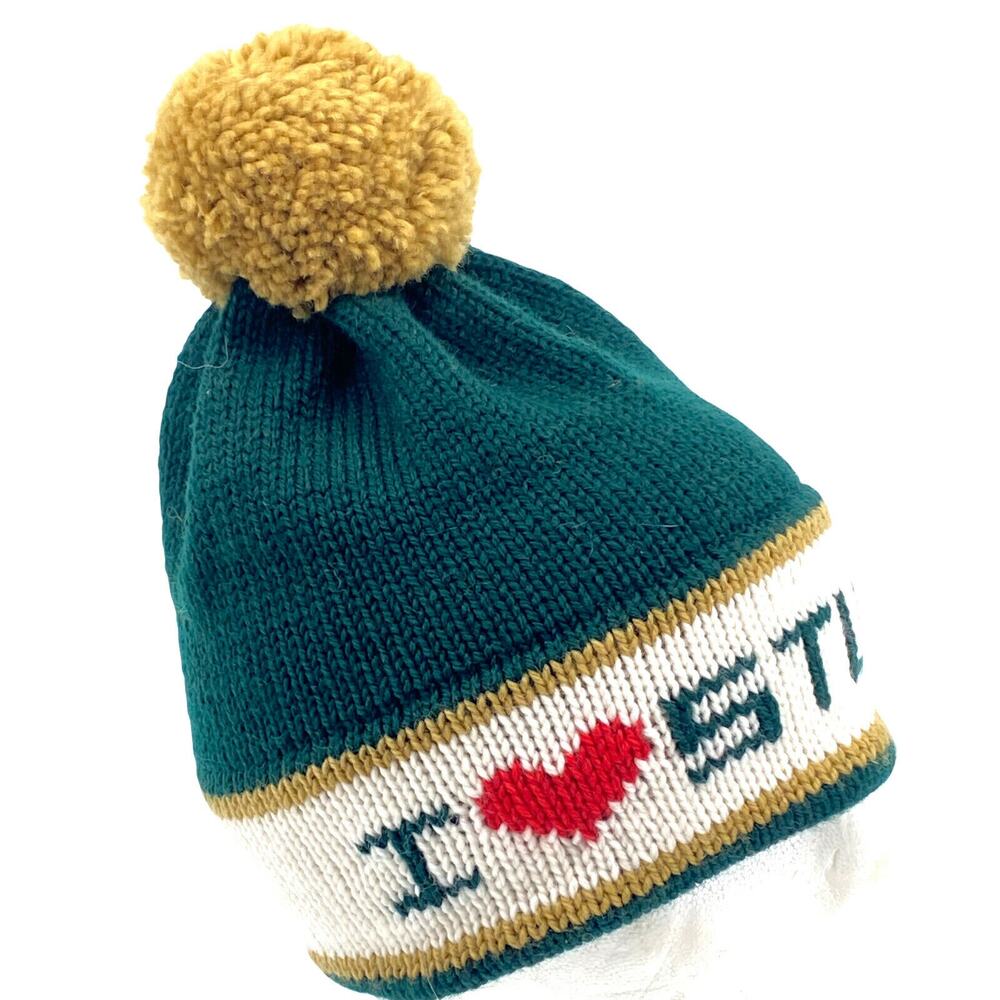 VTG Old Sun Knit Unisex Retro Green White I Love Stubing Wool Pom Beanie Hat USA